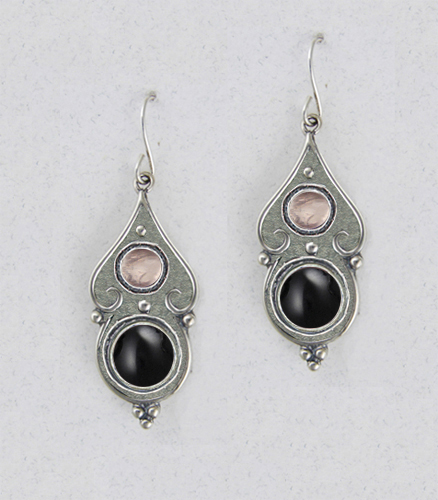 Sterling Silver Gothic Look With Black Onyx And Rose Quartz Gemstone Drop Dangle Earrings